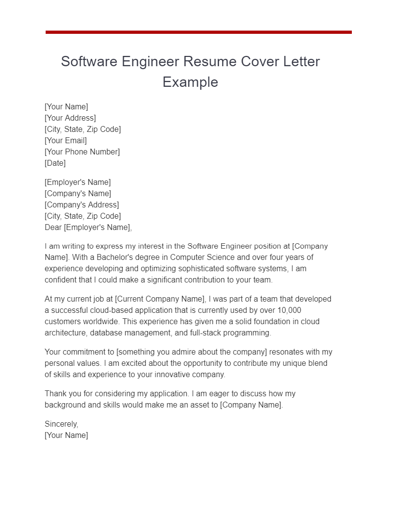 software engineer resume cover letter example