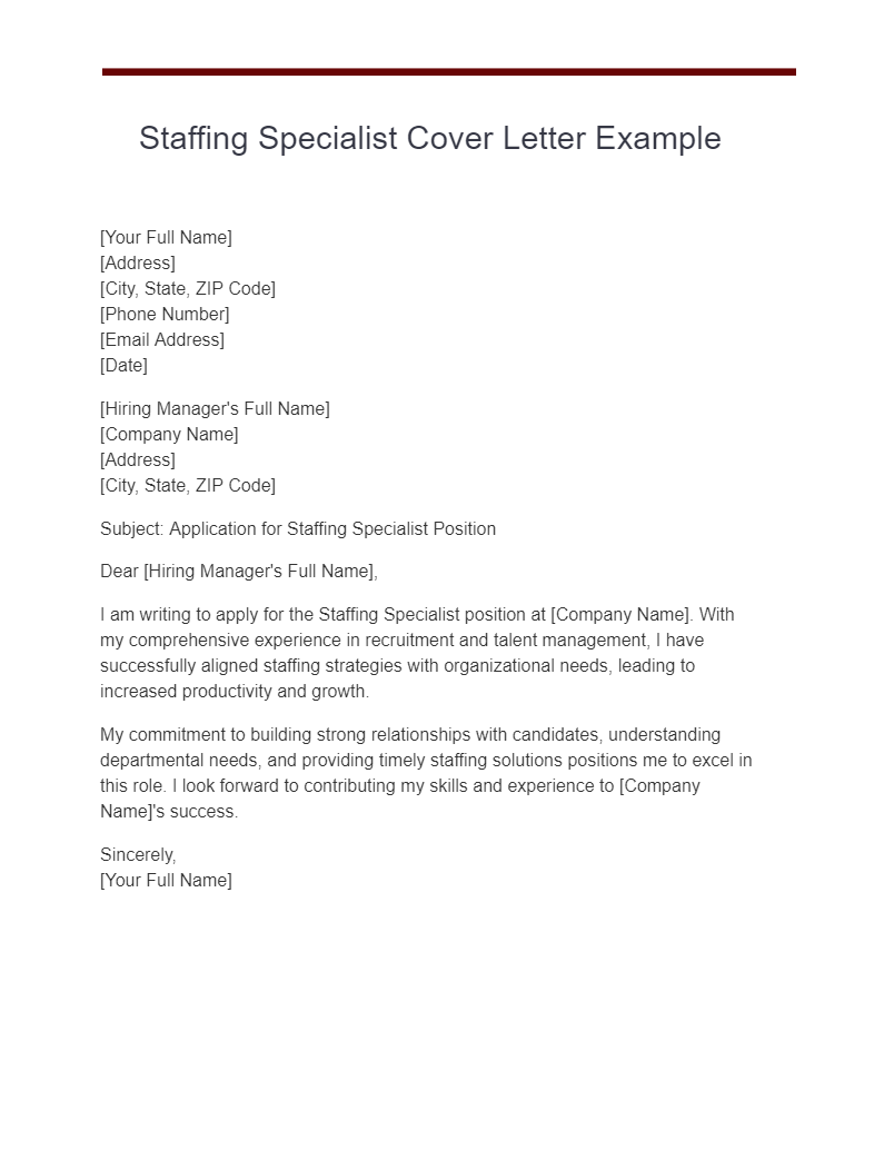 Staffing Specialist Cover Letter Example