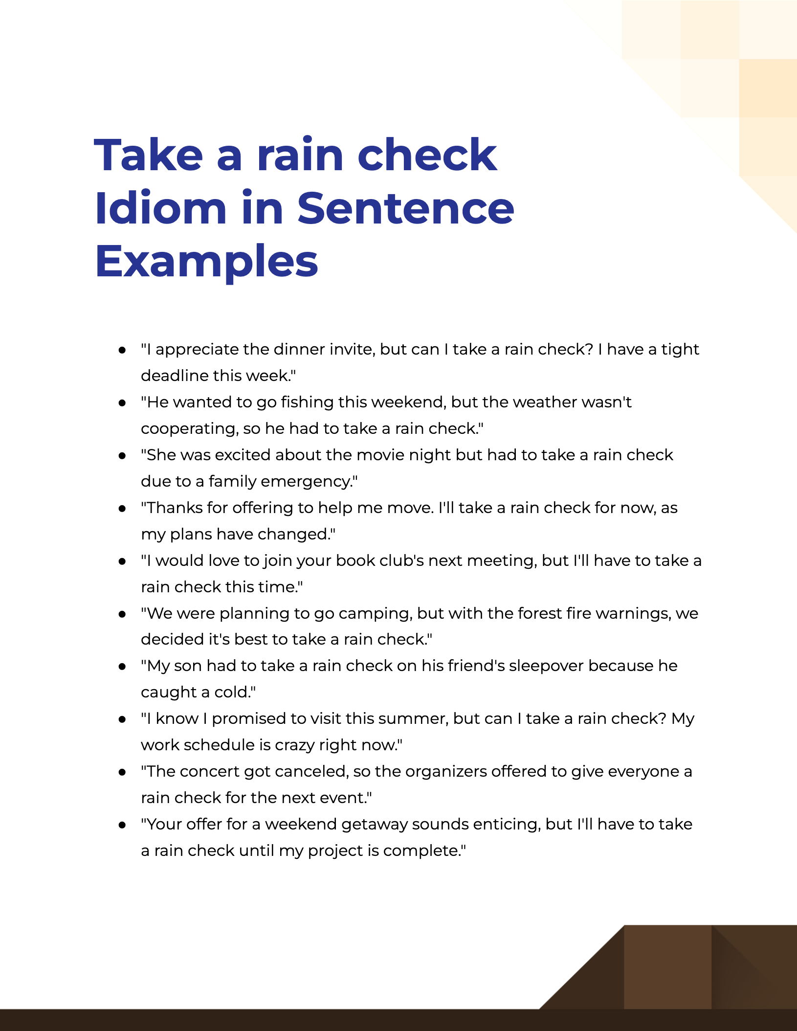 Take a rain check Idiom 19+ Examples, How to Use, PDF, Tips