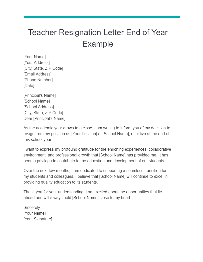 teacher resignation letter end of year examples