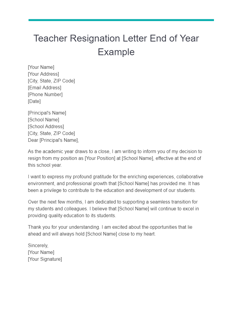 Teacher Resignation Letter End of Year Example