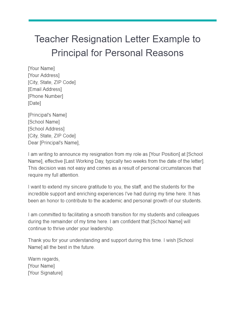 teacher resignation letter example to principal for personal reasonss