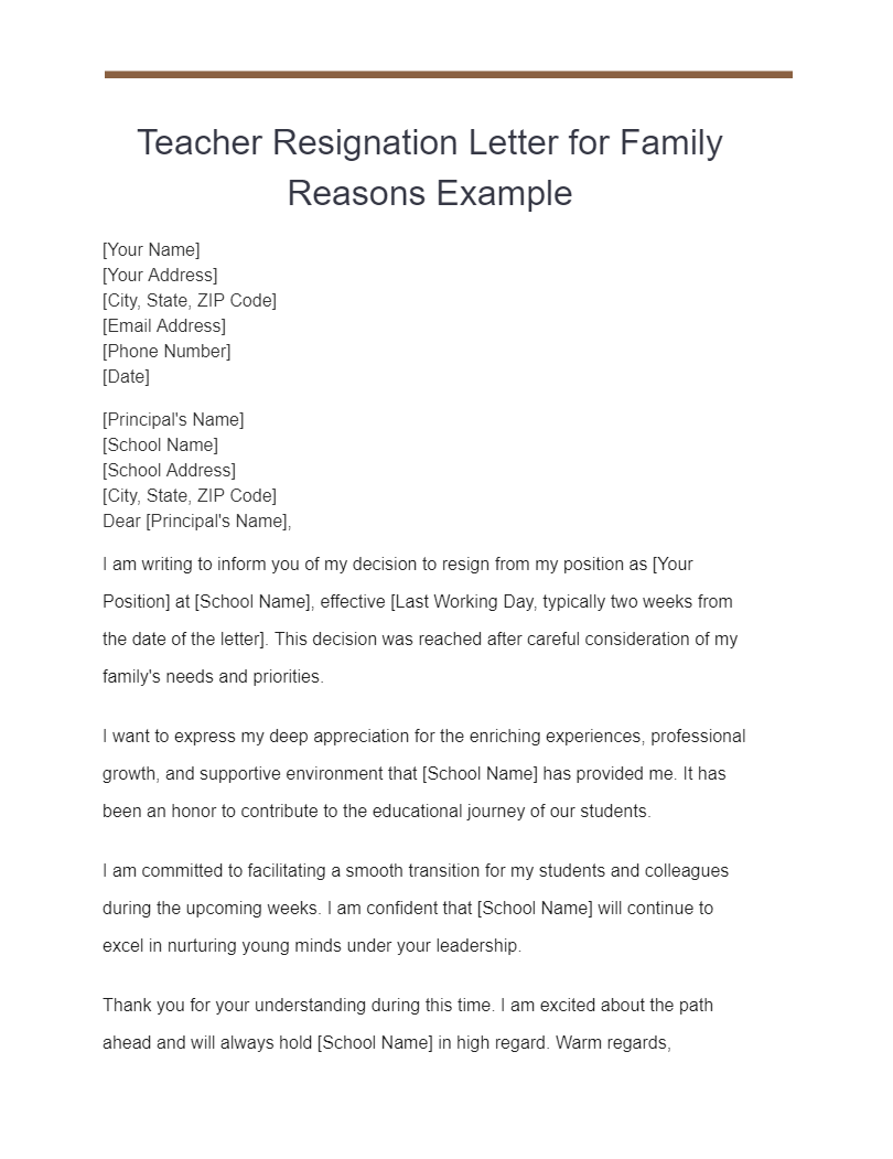 teacher resignation letter for family reasons example2