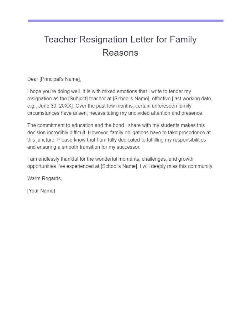 teacher resignation letter for family reasons