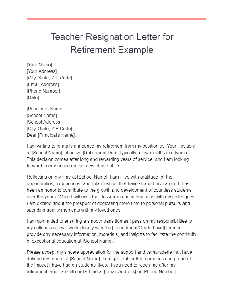 teacher resignation letter for retirement examples