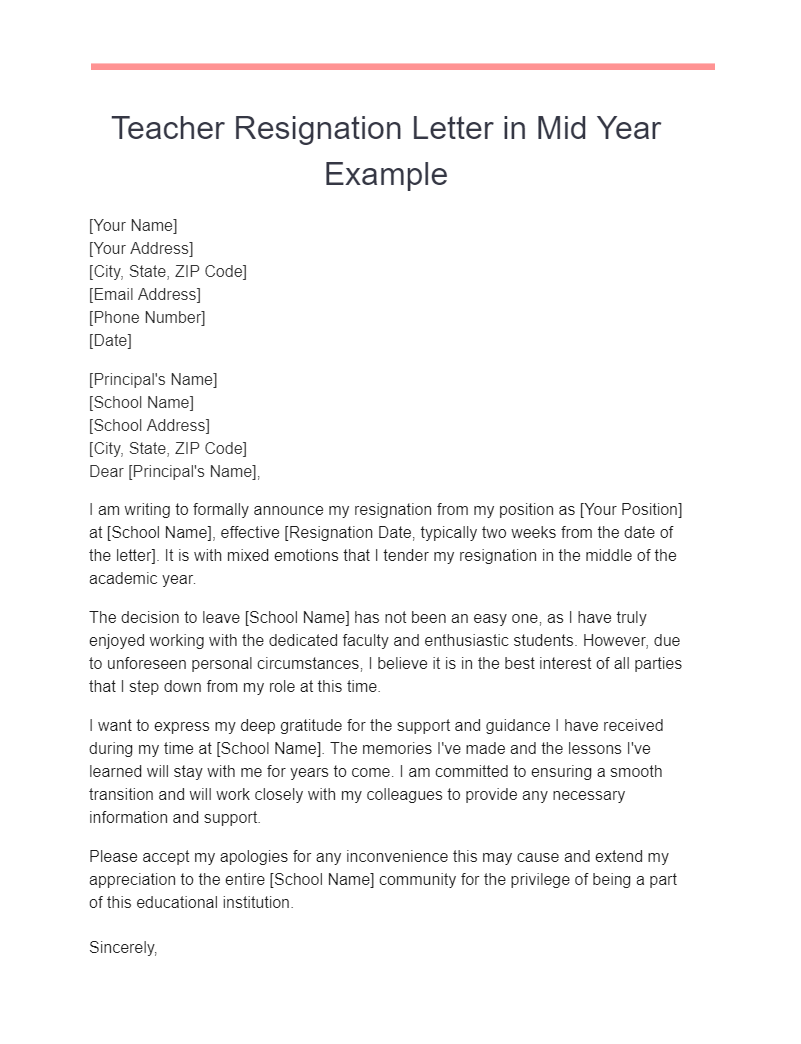 teacher resignation letter in mid year examples