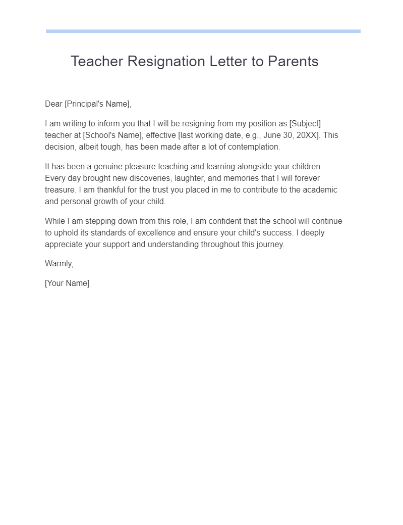 teacher resignation letter to parents