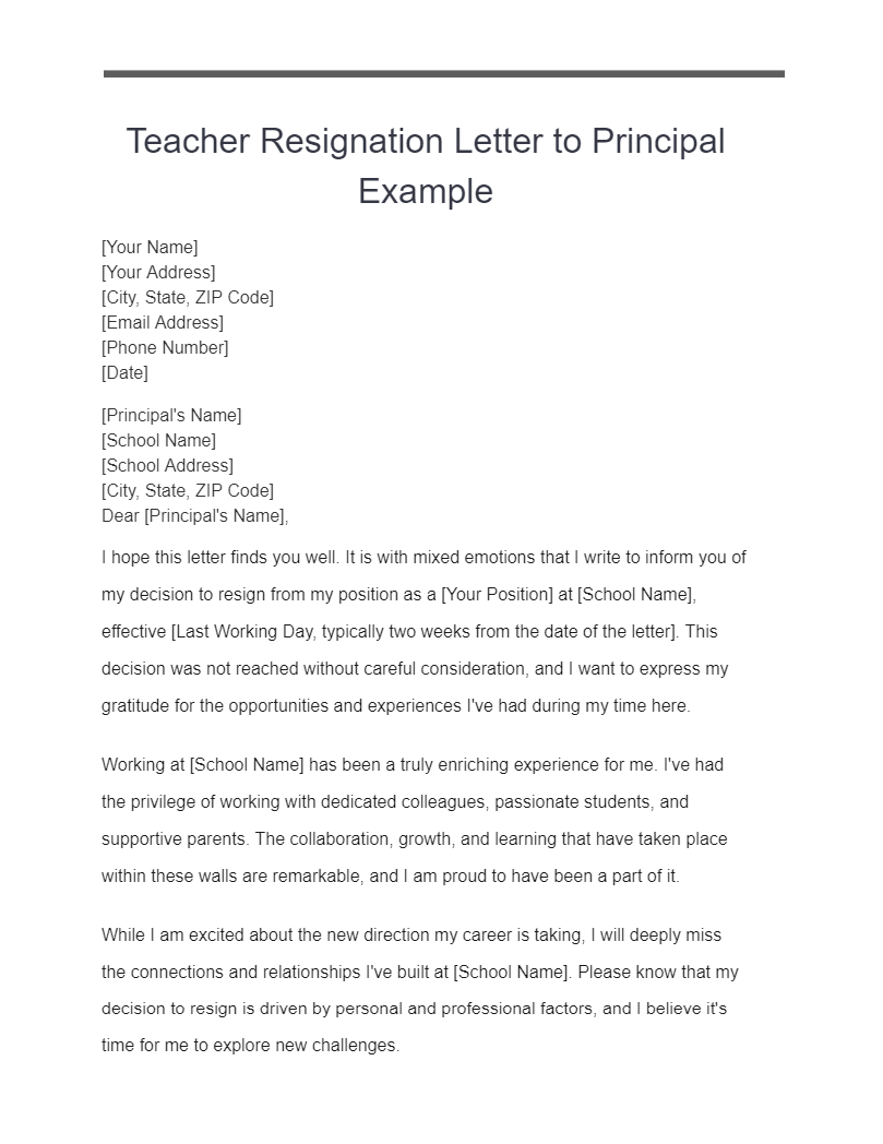 teacher resignation letter to principal examples