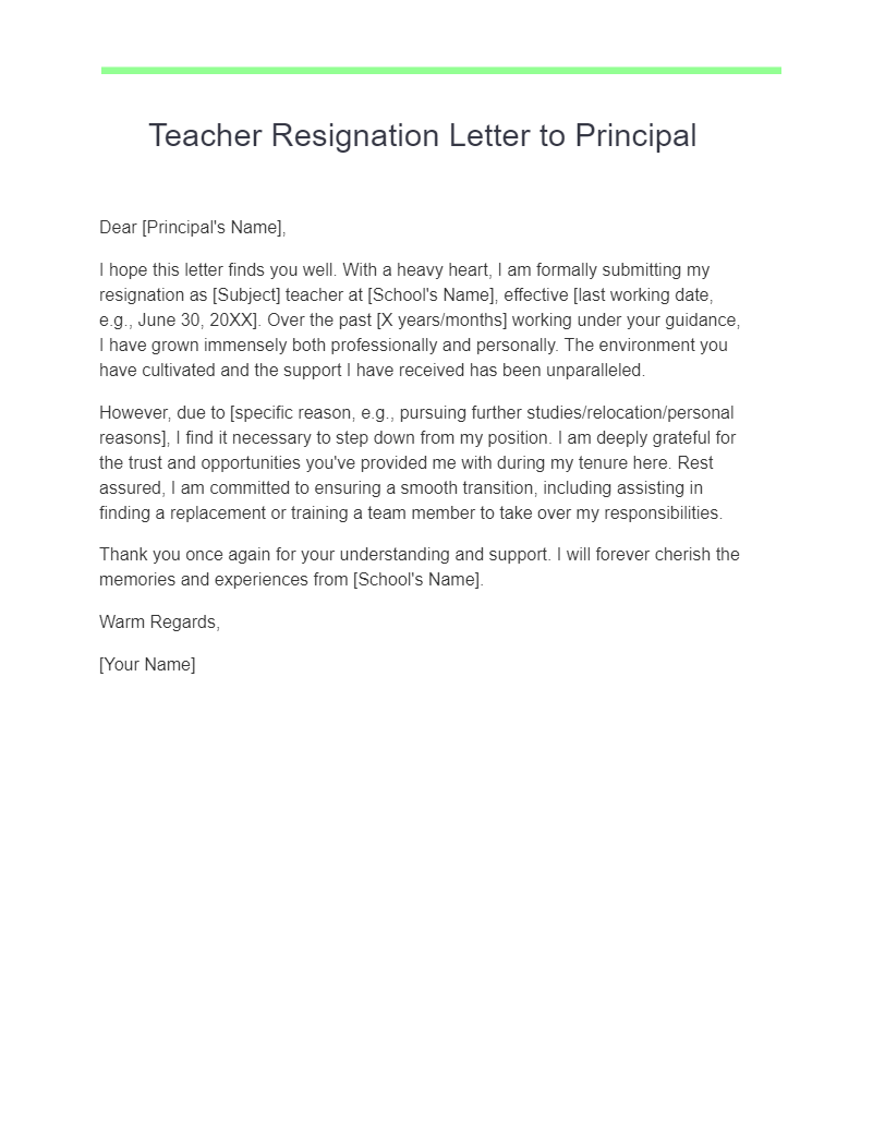 teacher resignation letter to principal
