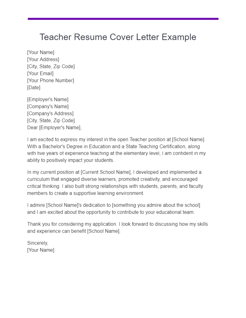 teacher resume cover letter example