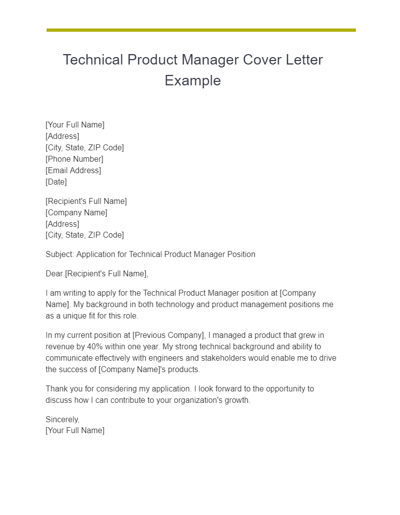 technical product manager cover letter example