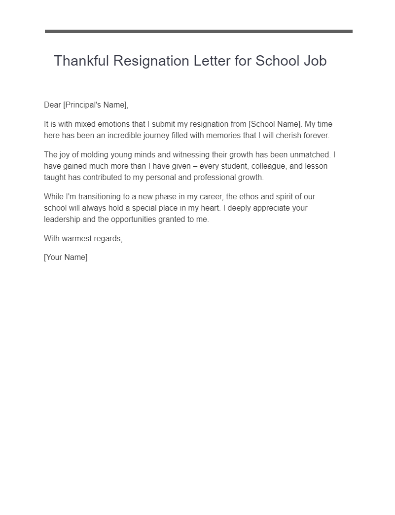 thankful resignation letter for school job