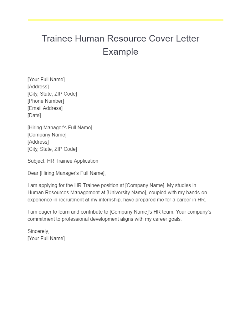 Trainee Human Resource Cover Letter Example