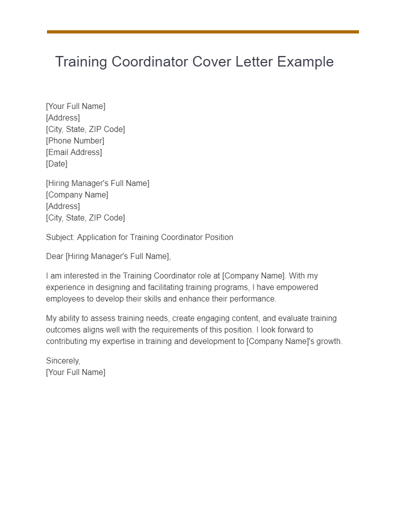 Training Coordinator Cover Letter Example