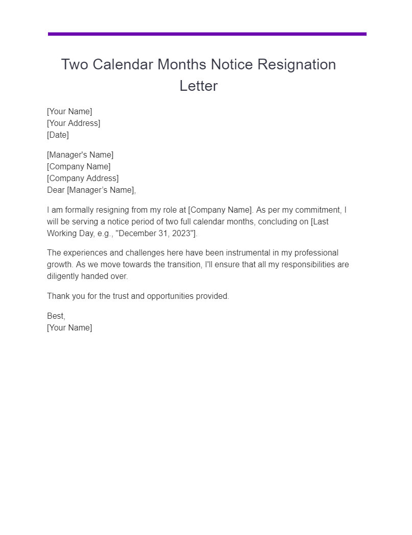 two calendar months notice resignation letter