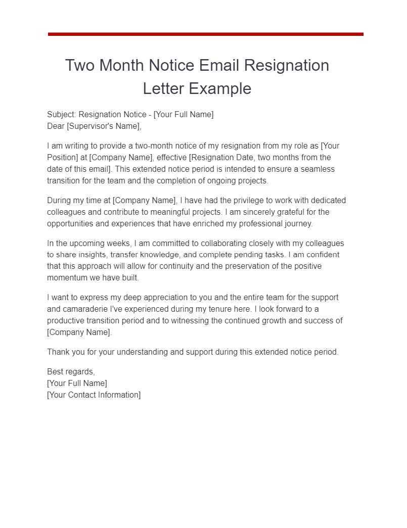 two month notice email resignation letter example