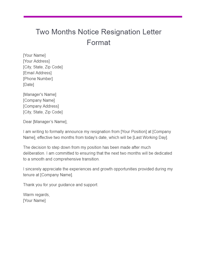 two months notice resignation letter format