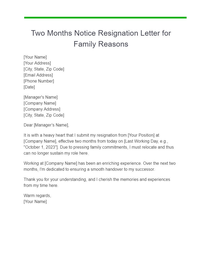 two months notice resignation letter for family reasons