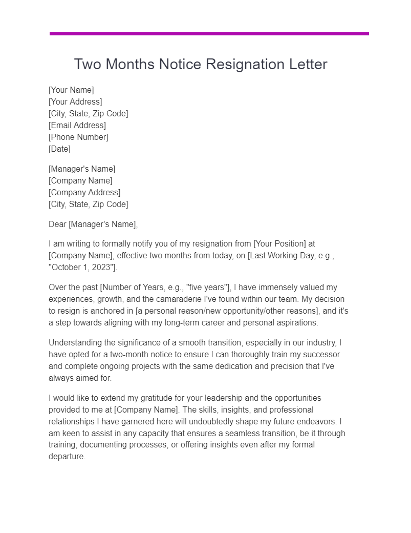 13+ Two Months Resignation Letter Examples, How to Write, Tips | Examples