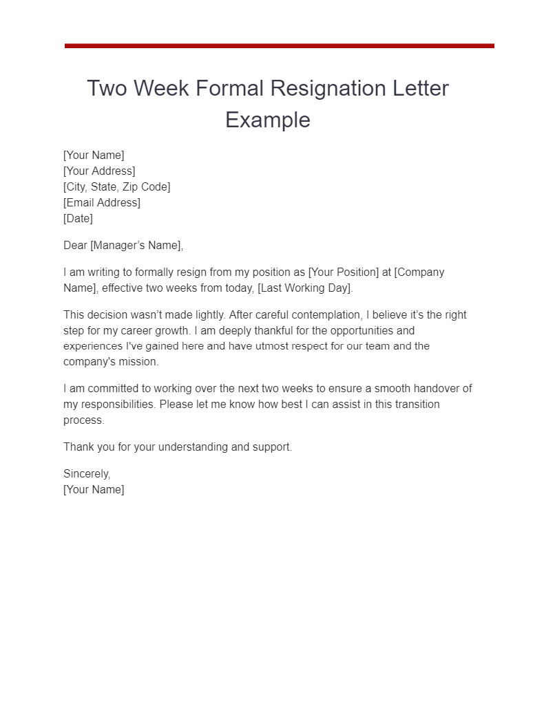 two week formal resignation letter example
