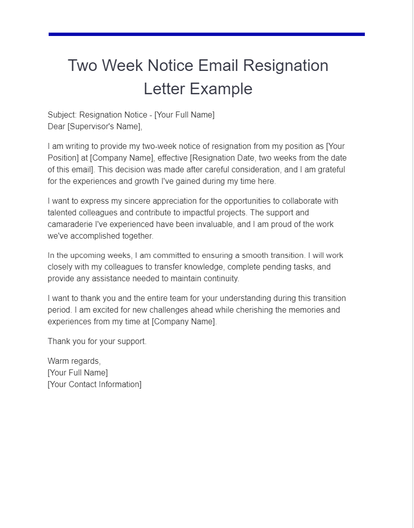 two week notice email resignation letter example
