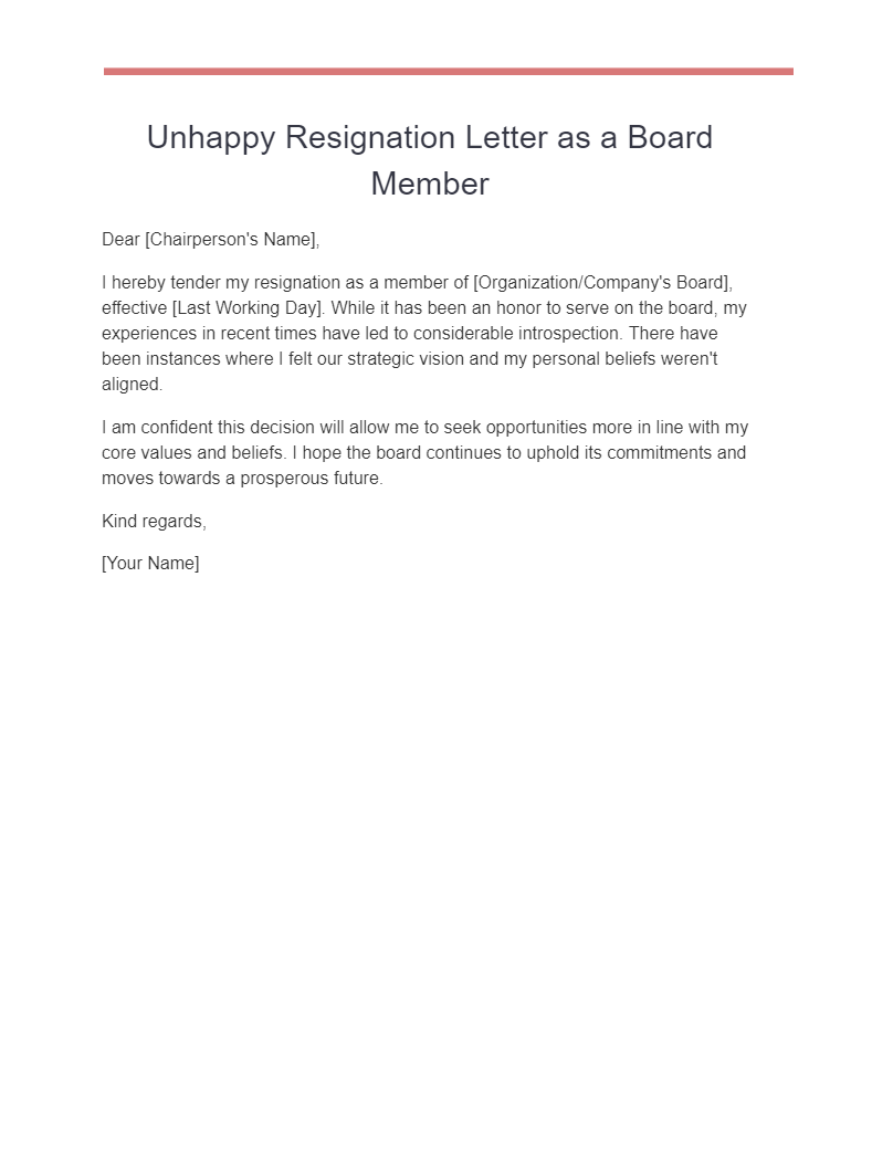 unhappy resignation letter as a board member