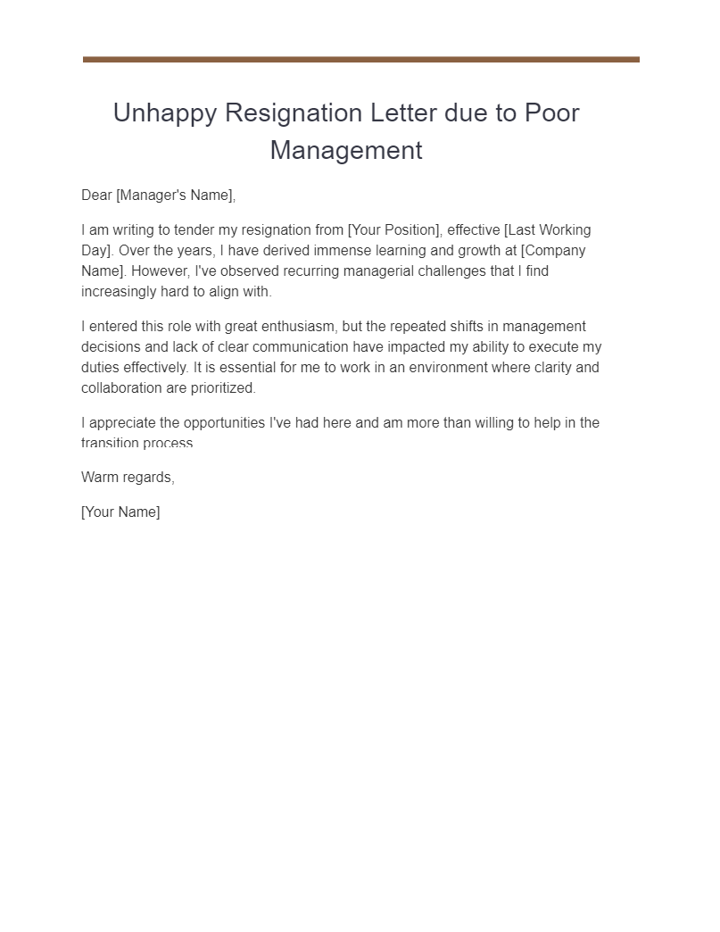 unhappy resignation letter due to poor management