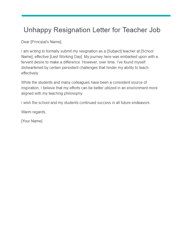 unhappy resignation letter for teacher job