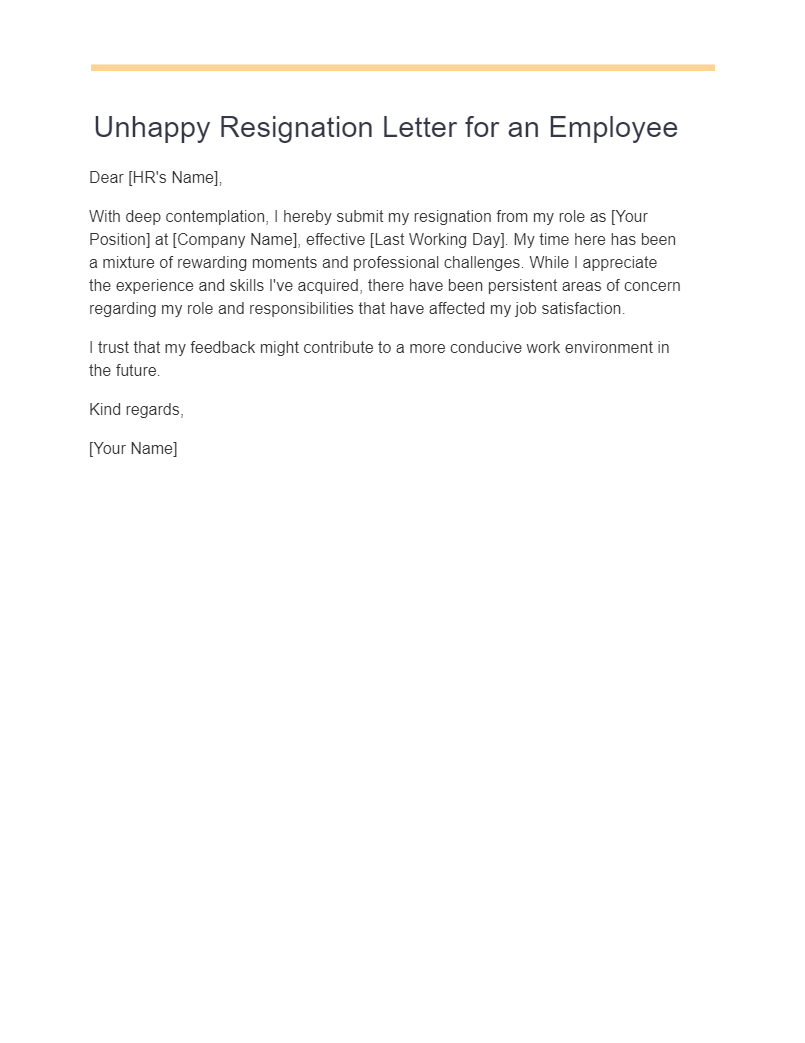 unhappy resignation letter for an employee