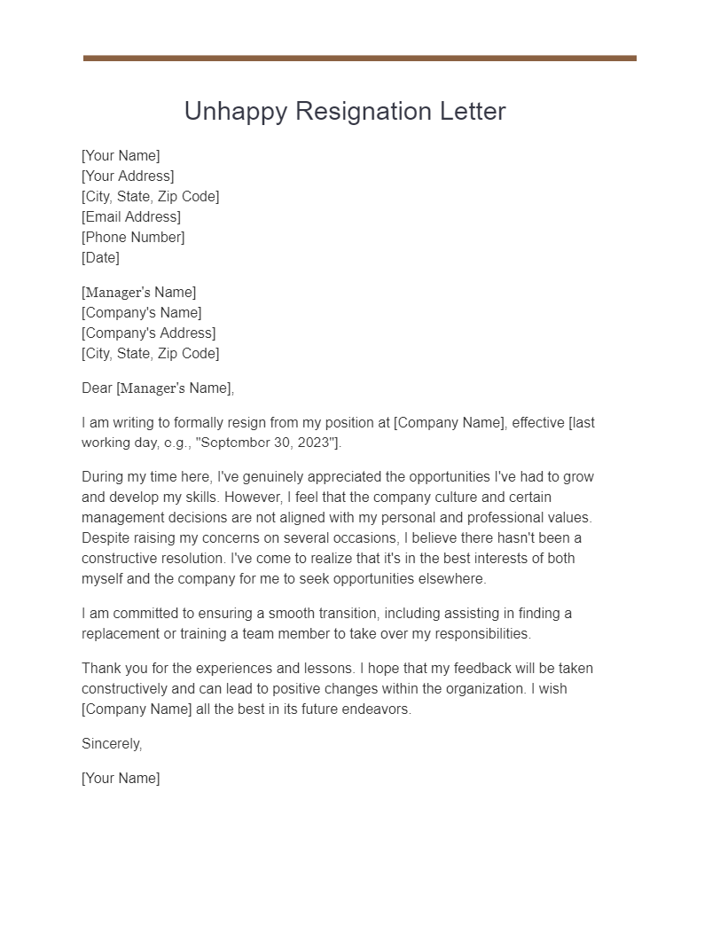 unhappy resignation letter
