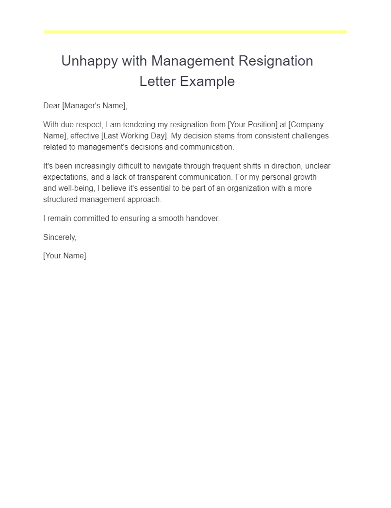 unhappy with management resignation letter example