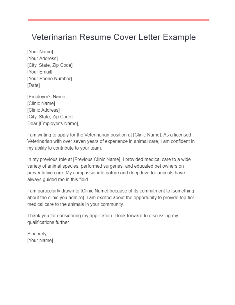 veterinarian resume cover letter example