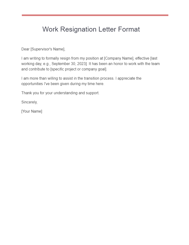work resignation letter format