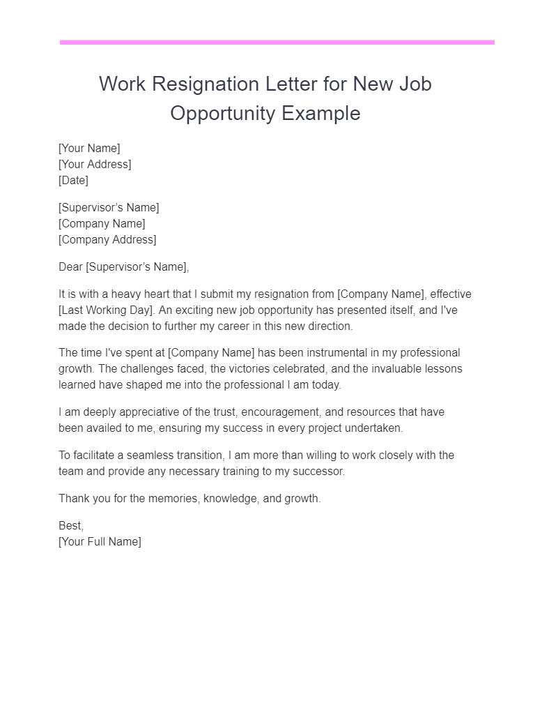 work resignation letter for new job opportunity example