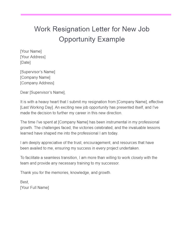 Work Resignation Letter for New Job Opportunity Example