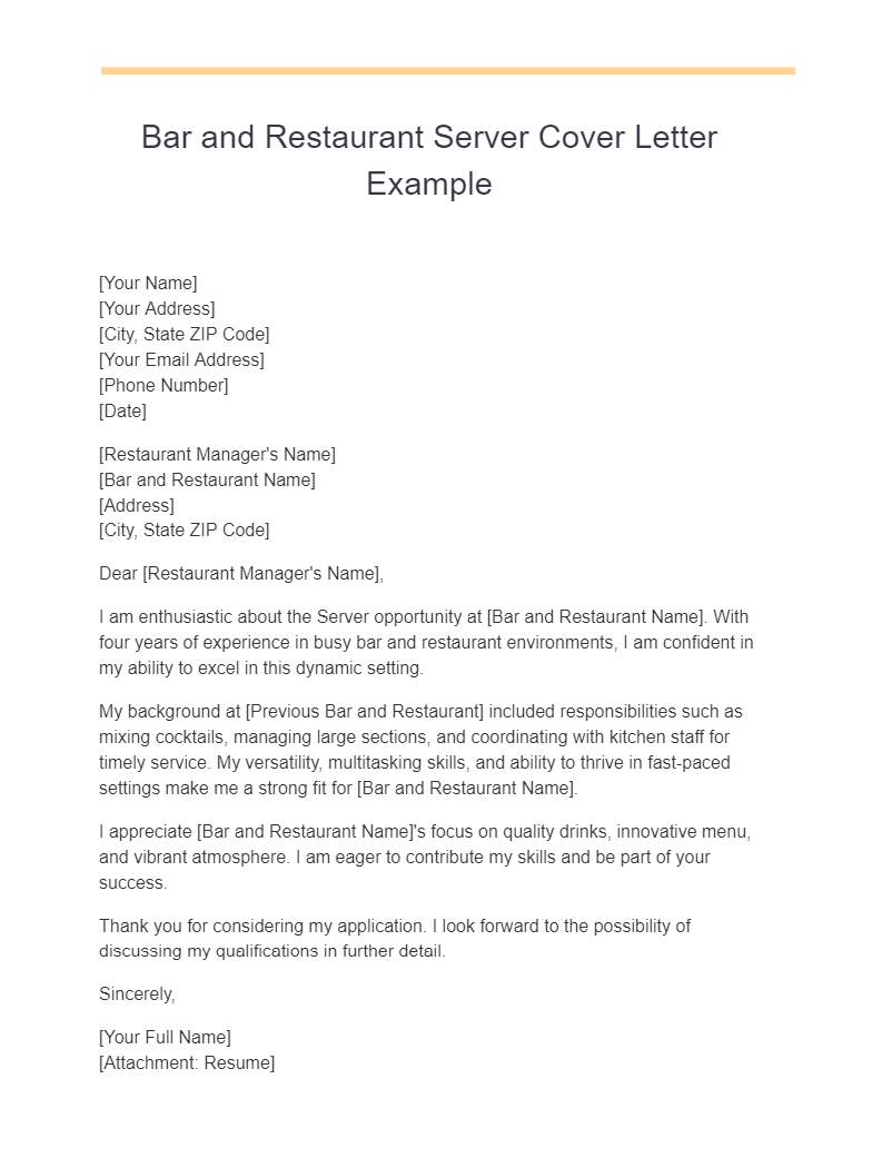bar and restaurant server cover letter example