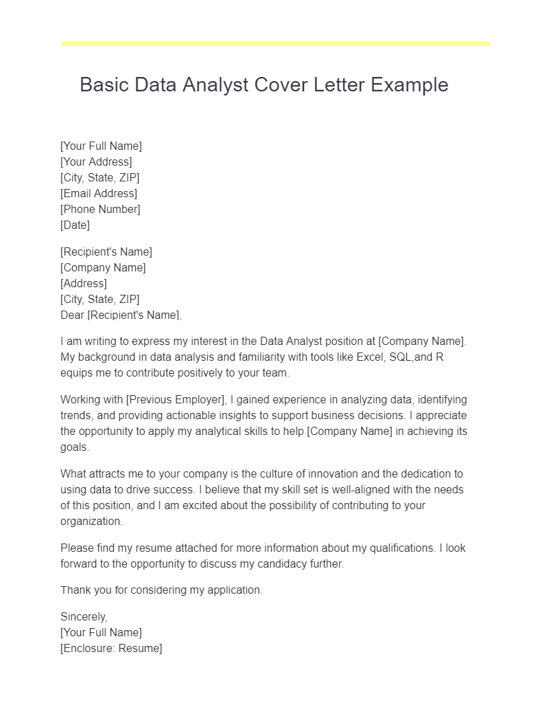 Basic Data Analyst Cover Letter Example