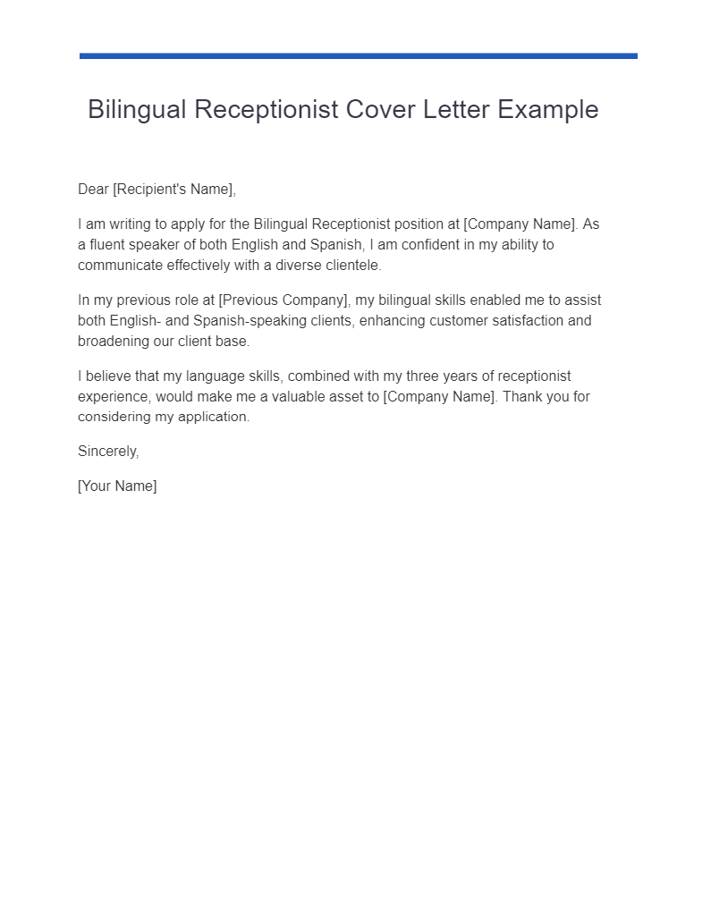 bilingual receptionist cover letter example