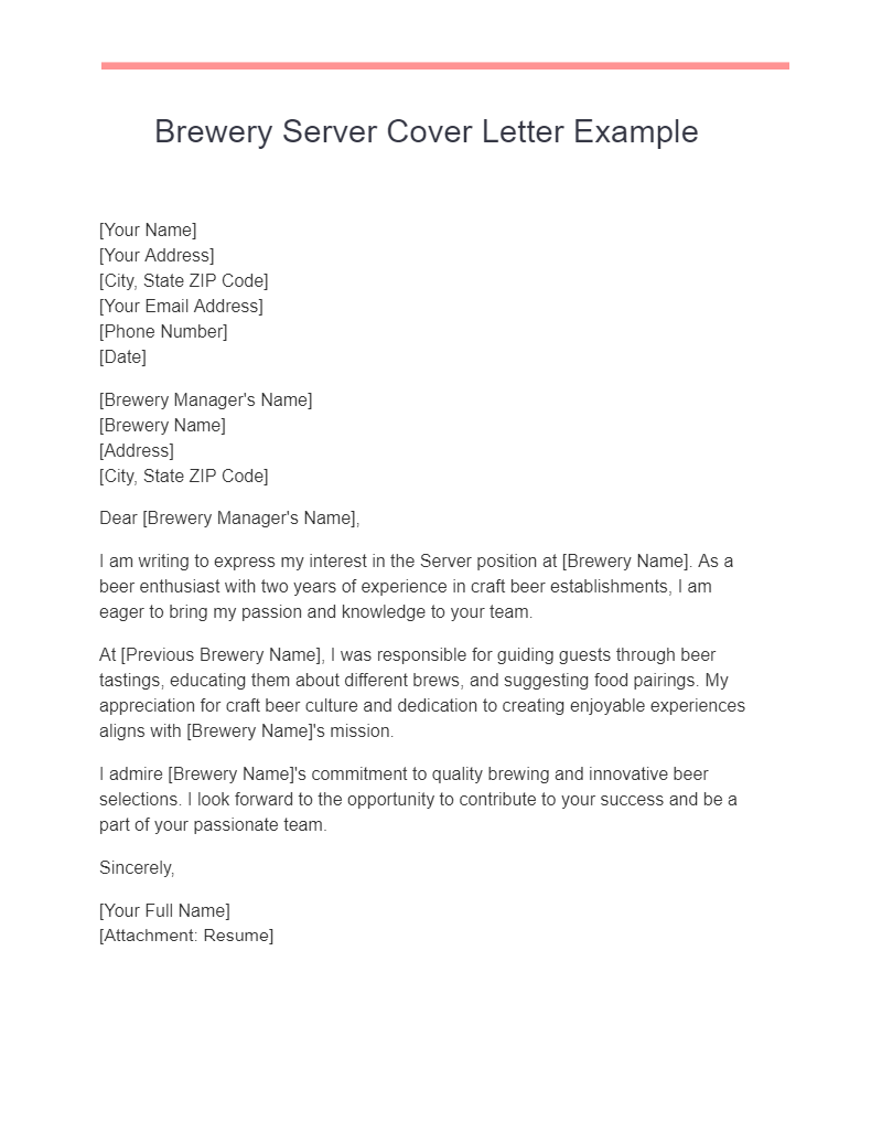 brewery server cover letter example