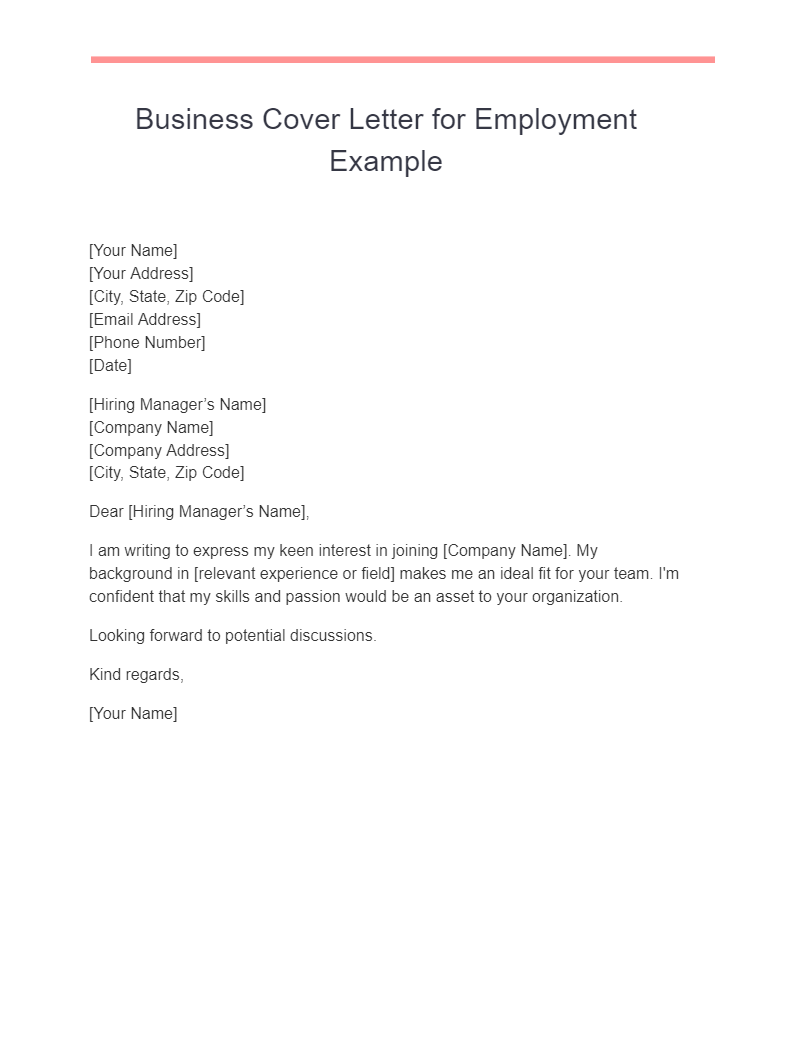 Business Cover Letter for Employment Example