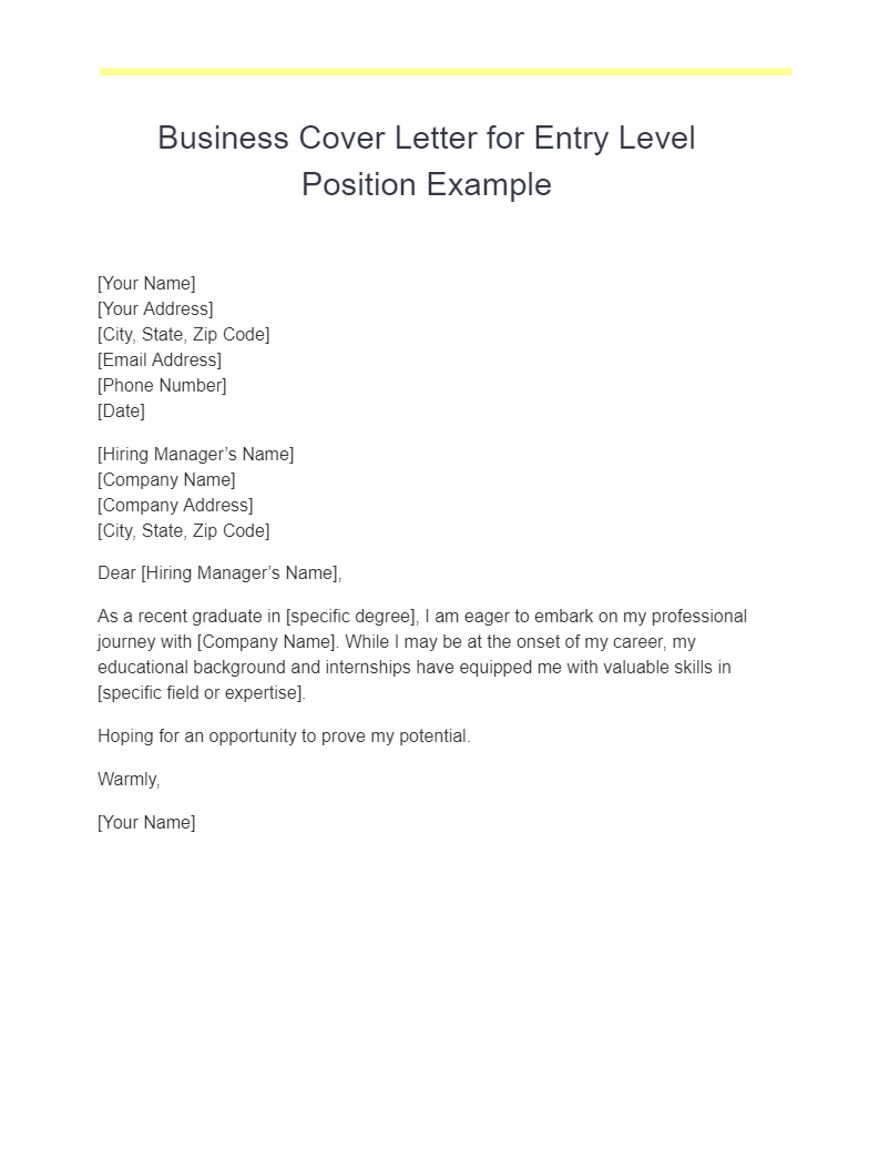 Business Cover Letter for Entry Level Position Example