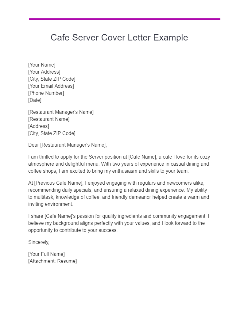 cafe server cover letter example