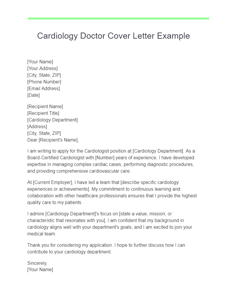 Cardiology Doctor Cover Letter Example