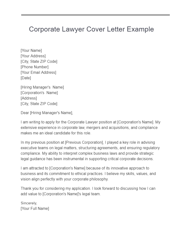 corporate lawyer cover letter example