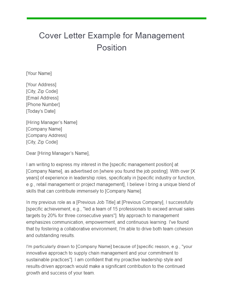 Cover Letter Example for Management Position