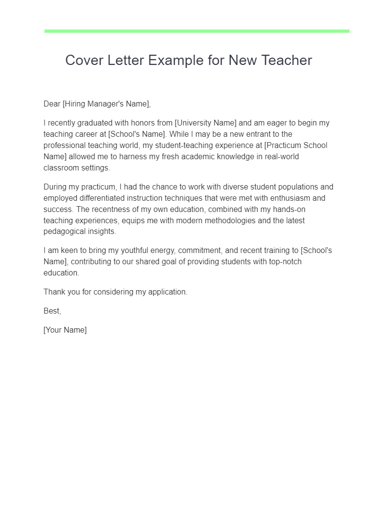 Cover Letter Example for New Teacher