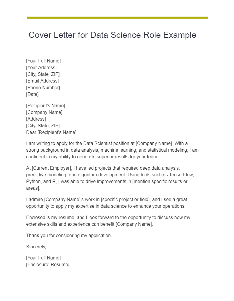 Cover Letter for Data Science Role Example