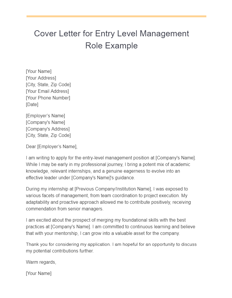 Cover Letter for Entry Level Management Role Example