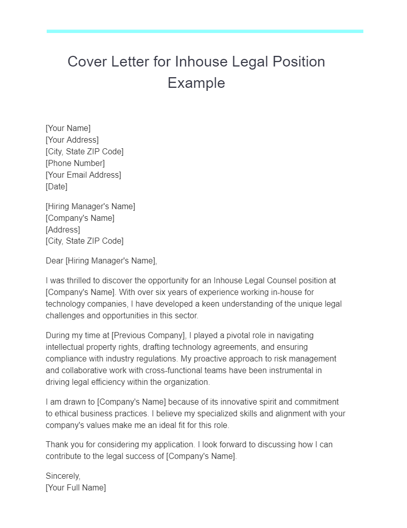 cover letter for inhouse legal position example