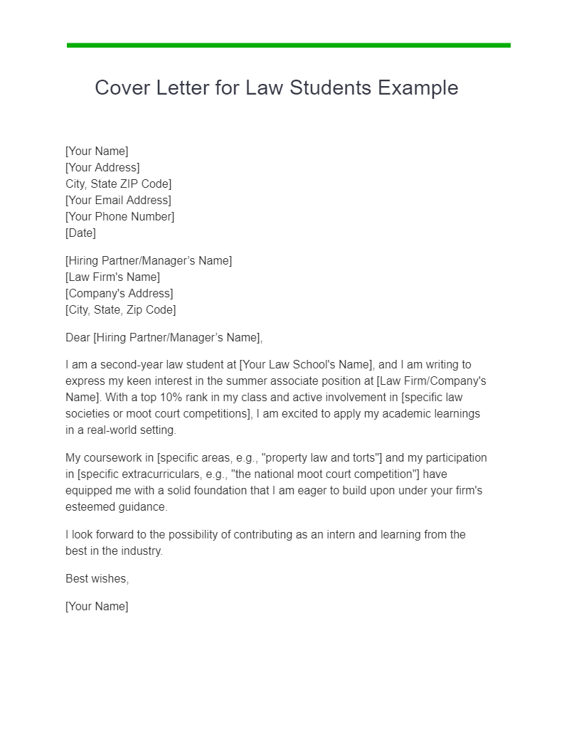 Cover Letter for Law Students Example